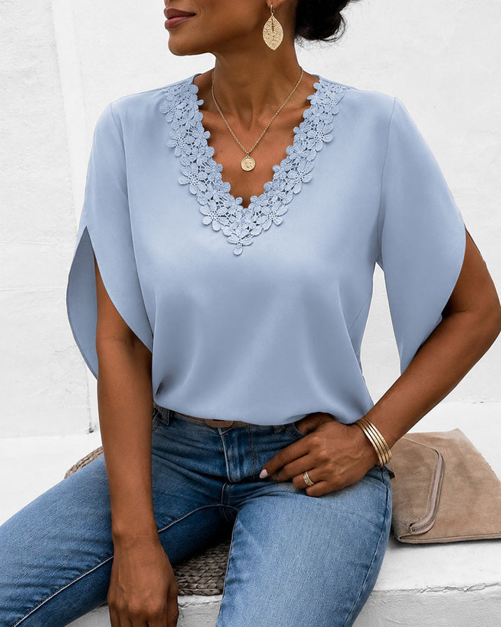 Lace-trimmed V-neck Bell Sleeve Blouse