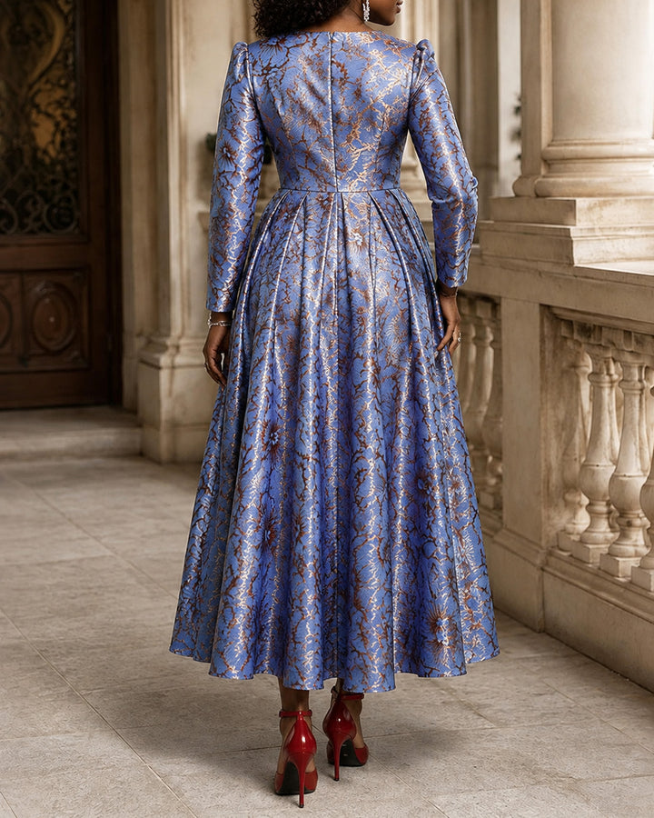 Elegant Floral Jacquard Long Sleeve Round Neck A‑Line Maxi Dress
