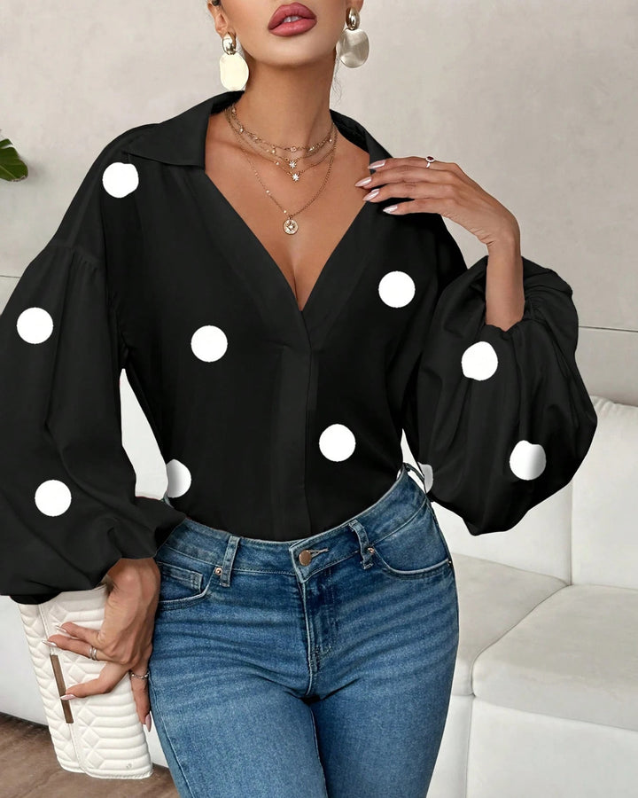 Collared V‑Neck Balloon Long Sleeve Blouse