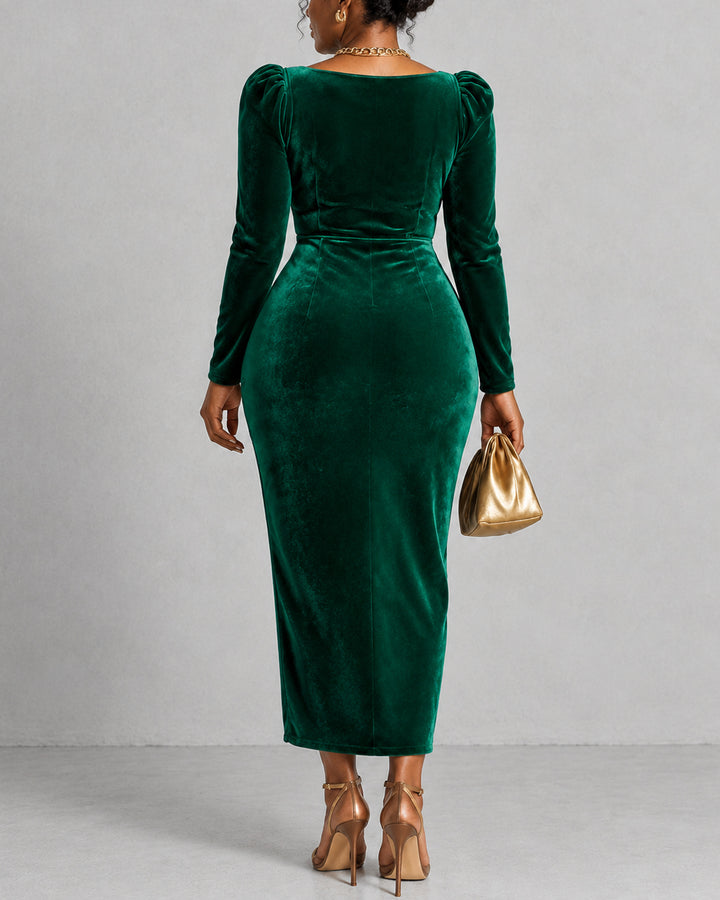 Cowl V Neck Long Sleeve Wrap Ruched Bodycon Dress