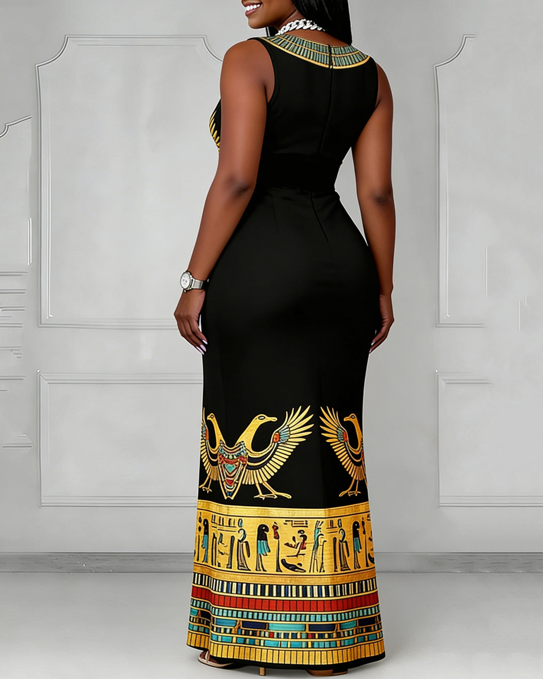 Black Culture Egyptian Print Bodycon Sleeveless Dress