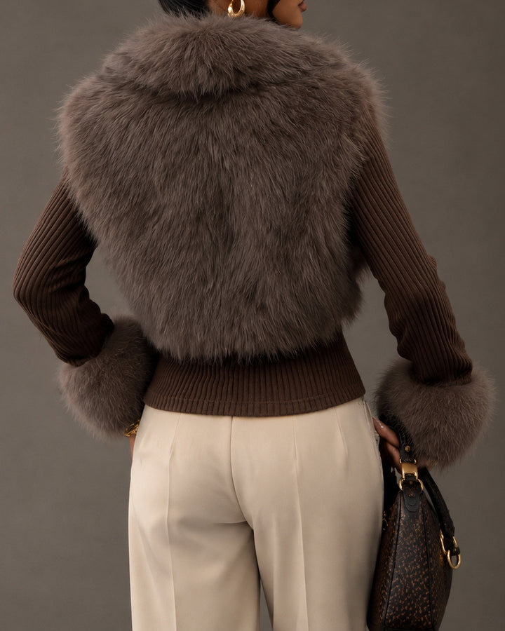 Women Faux Fur Collar & Cuff Ribbed Knit Cropped Jacket