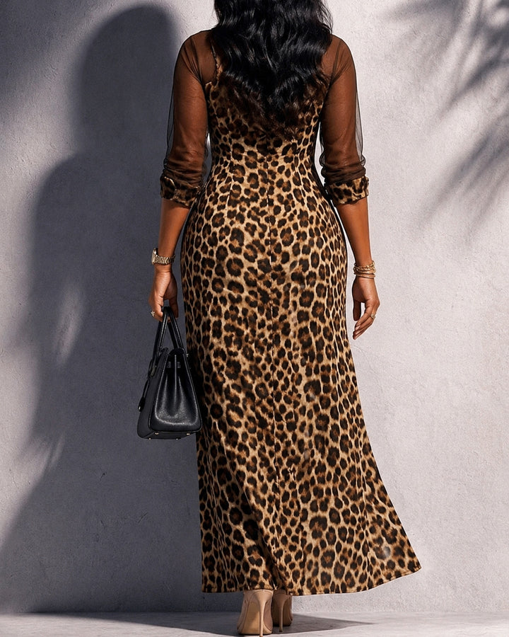 Lapel Collar Button‑Front Leopard Mesh Casual Dress with Slit