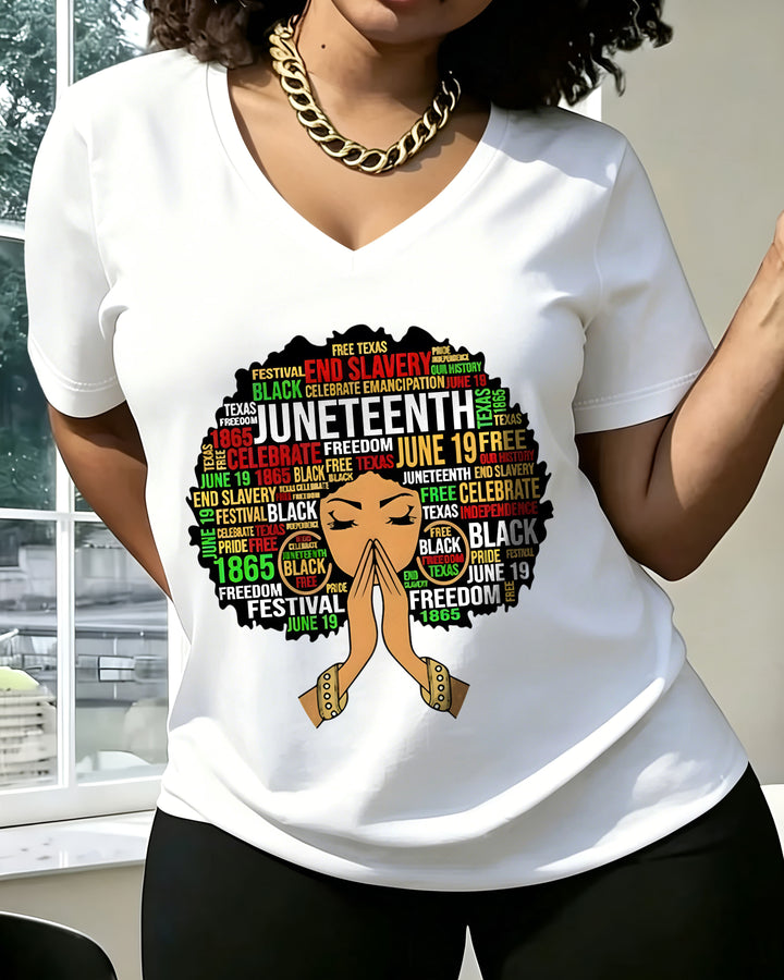100% Cotton Juneteenth Cartoon Afro Girl V Neck Short Sleeve Tshirt