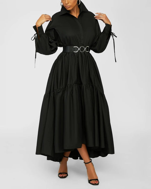Collared Balloon Sleeve Tiered Ruffle Flowy Maxi Shirt Dress