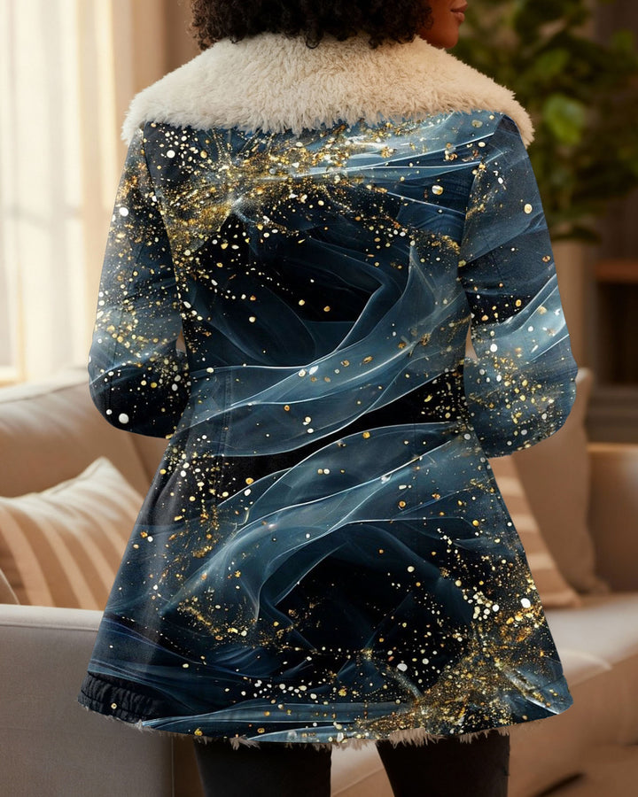 Golden Wavy Dots Plush Lapel Winter Mid-Length Coat