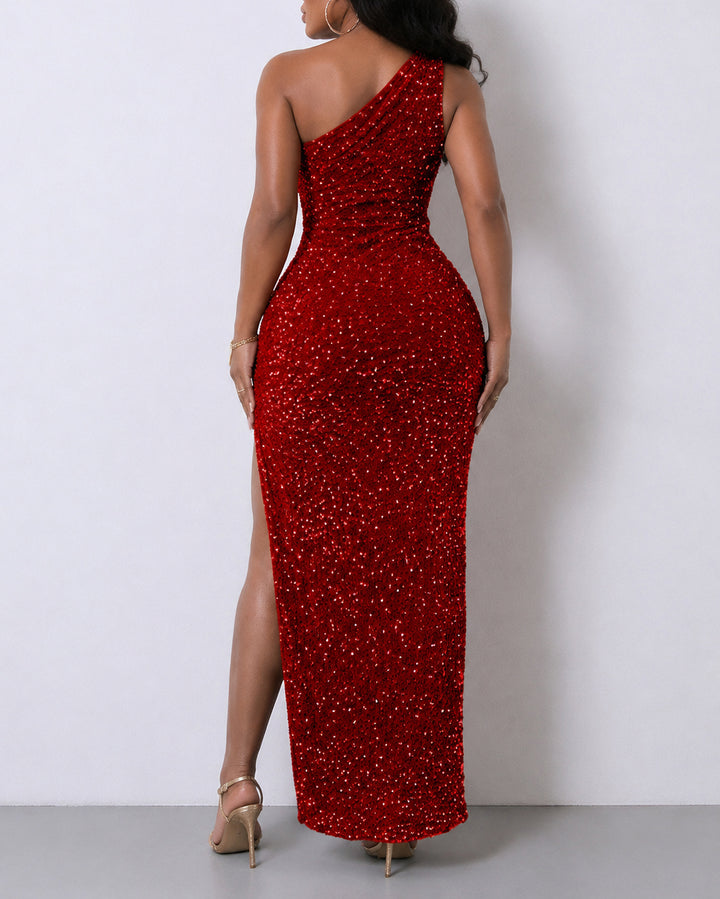 One-shoulder Sequined Slit Bodycon Dress