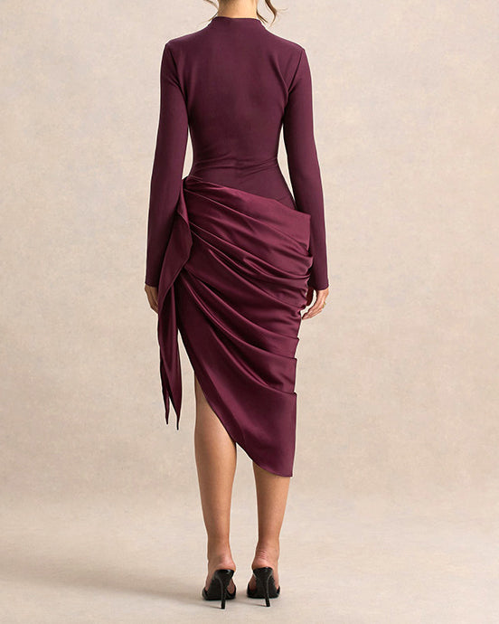 Women Mock Neck Long Sleeve Midi Dress Side Ruched Tie Split Hem Bodycon Party Dress