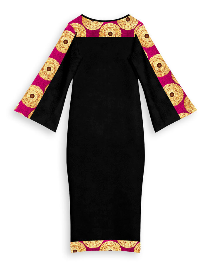 Ankara Yellow Polka Dot Print Patchwork Round Neck Bell Sleeve Bodycon Long Dress