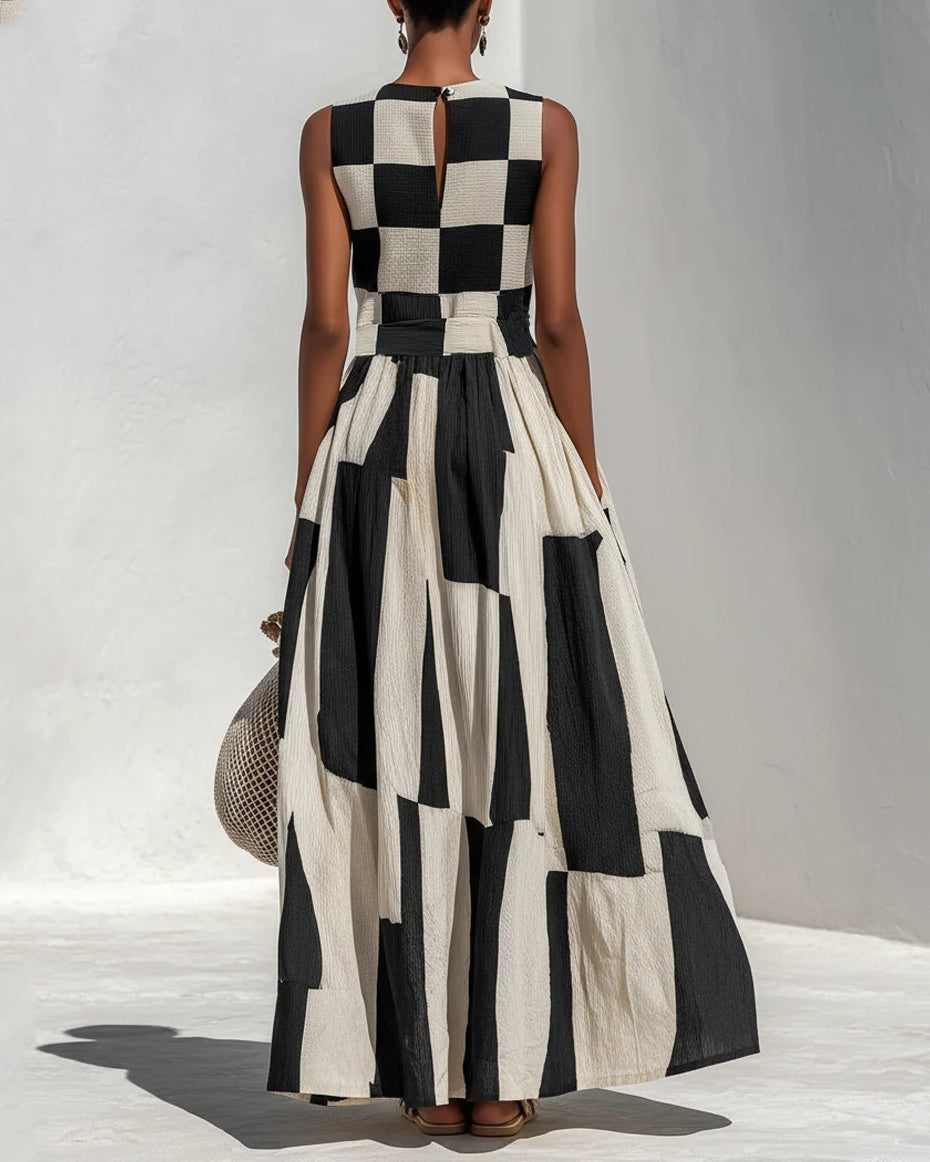 Fun Plaid Color Block Sleeveless High Waist Flared Maxi Dress