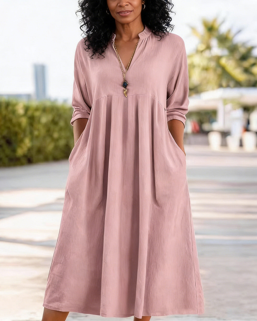 Solid Color Cotton Linen Three-quarter Sleeve V-neck Pocket Dress