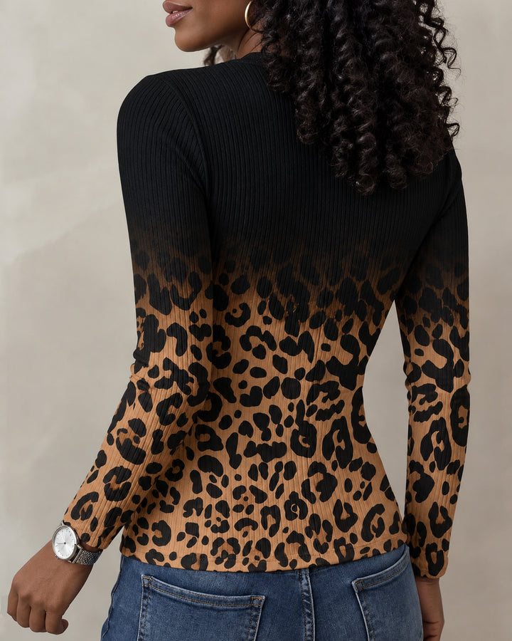 Women's Gradient Leopard Print Cut-out Crew Neck Lace-up Long-sleeve Slim-fit Casual Top