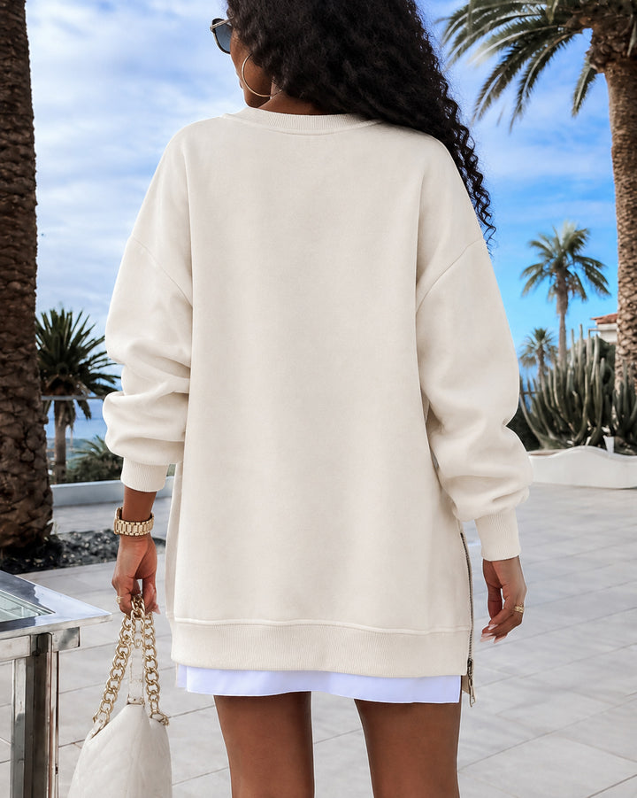 Women's Oversized Crew Neck  Side Zipper Split Hem Tunic Sweatshirt
