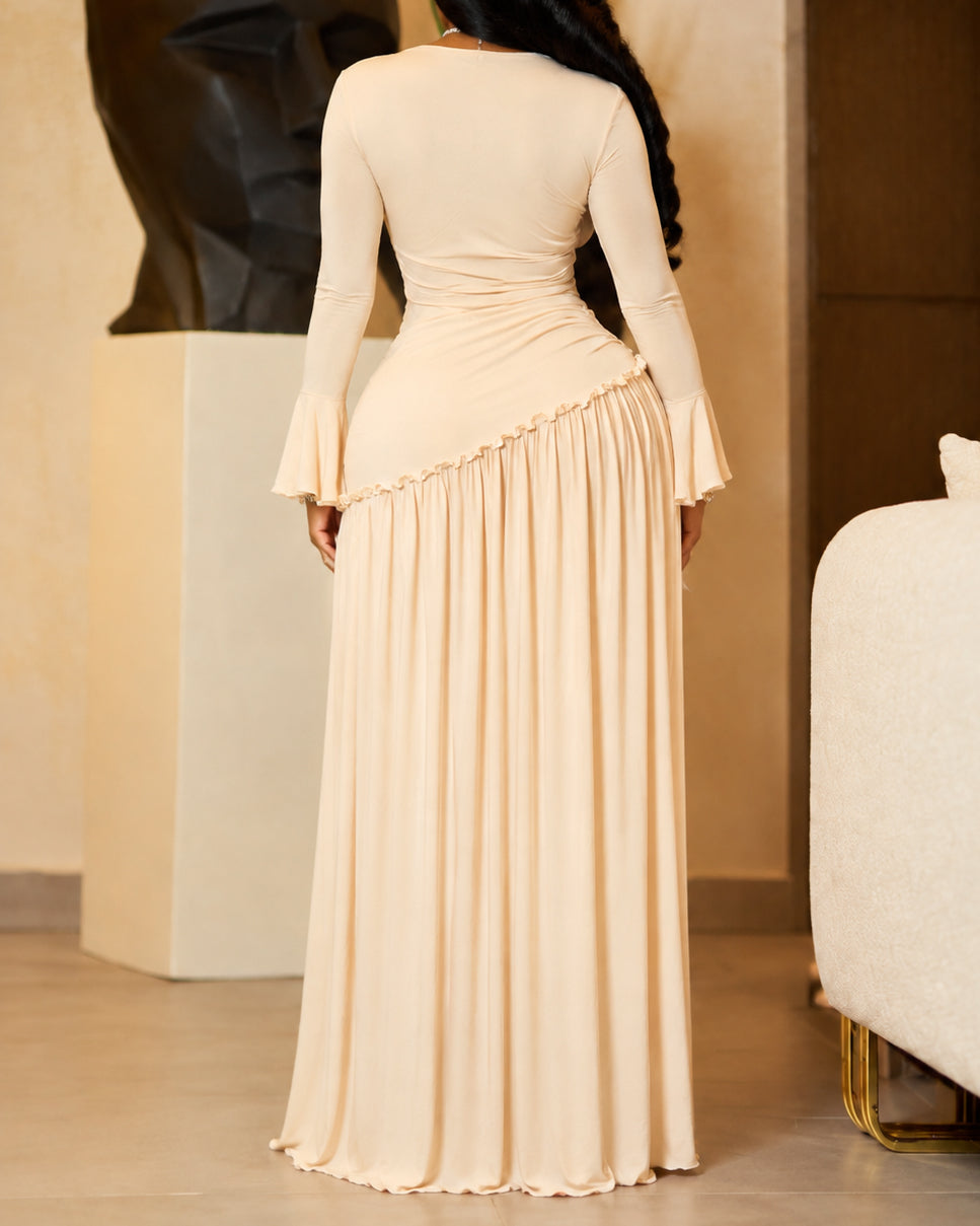 Women's Elegant Long Sleeve Flared Cuff Ruffled Hem Maxi Dress