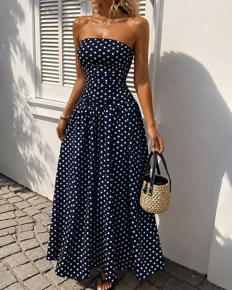 Women's Polka Dot Strapless Maxi Dress Sleeveless A Line Flared Knitted Fabric Casual Dress