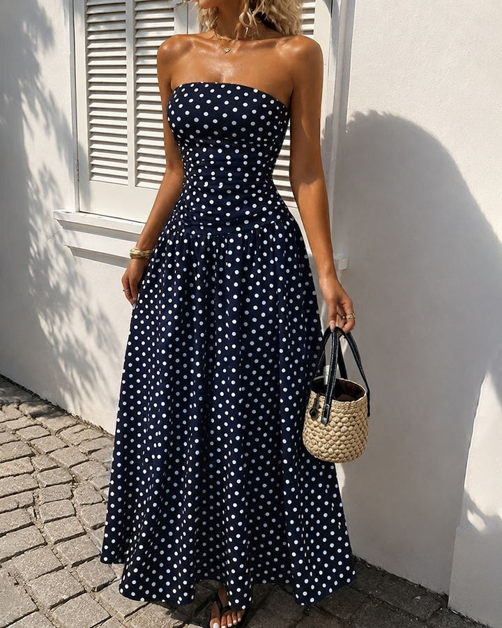 Women's Polka Dot Strapless Maxi Dress Sleeveless A Line Flared Knitted Fabric Casual Dress