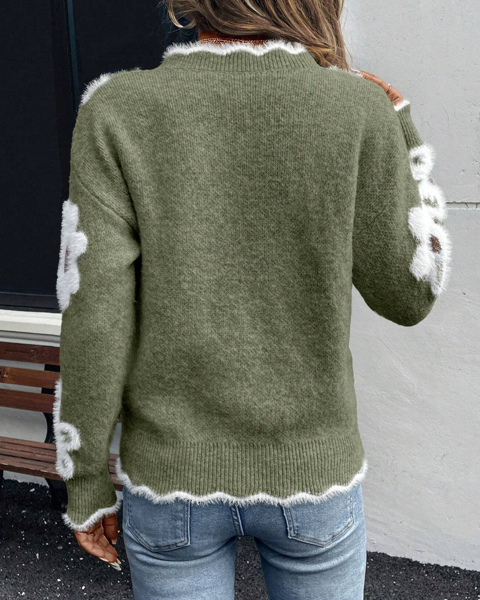 Elegant Floral Jacquard Knit V-neck Sweater