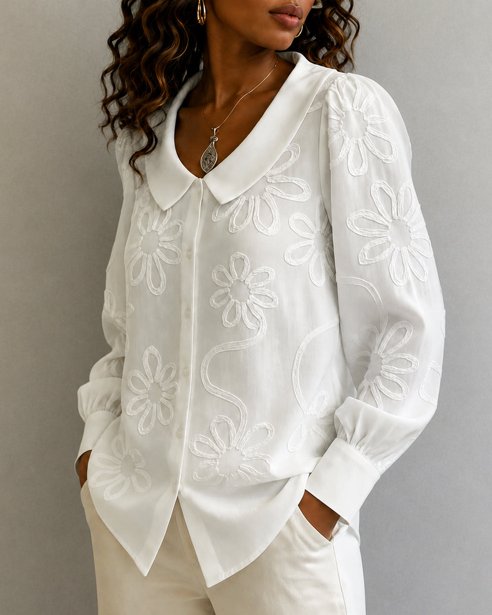 Peter Pan Collar Long Sleeve Embroidered Button Down Shirt