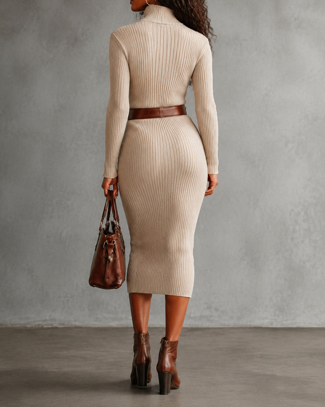Stand-up Collar Long-sleeved Knit Stretch Bodycon Dress