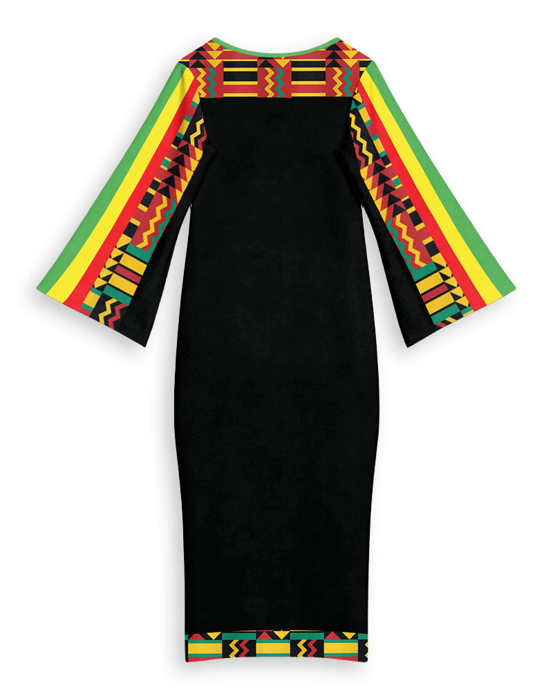 Reggae Stripes African Color Print Round Neck Bell Sleeve Bodycon Long Dress