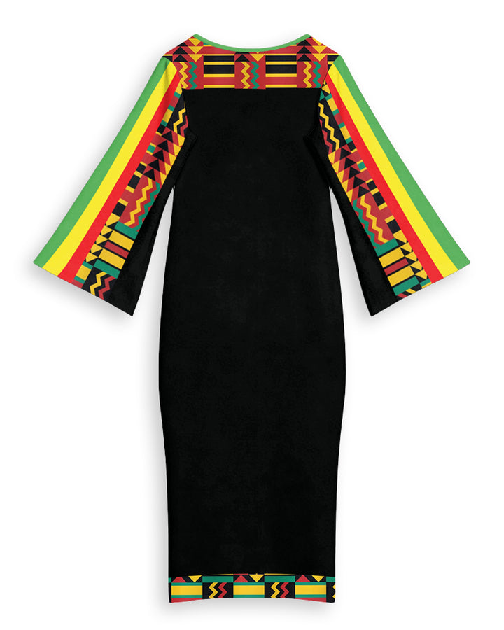 Reggae Stripes African Color Print Round Neck Bell Sleeve Bodycon Long Dress