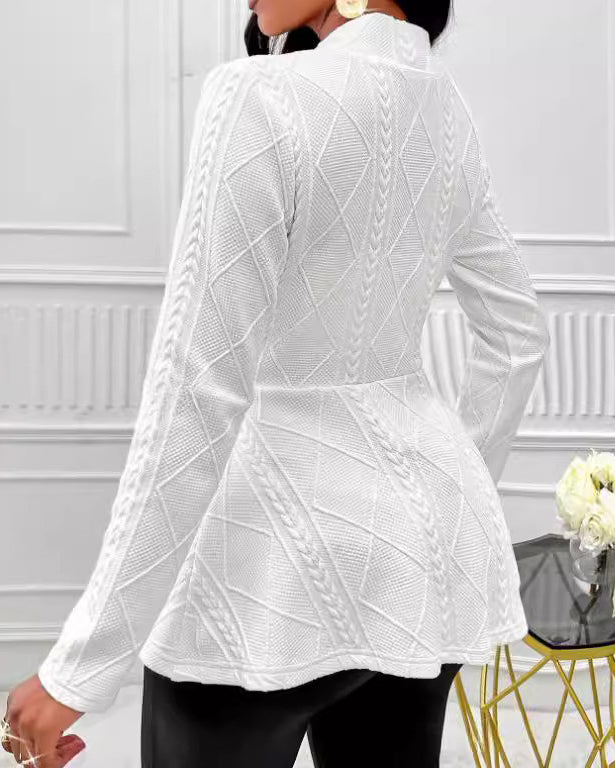 Women's Textured Jacquard V Neck Single Button Peplum Blazer