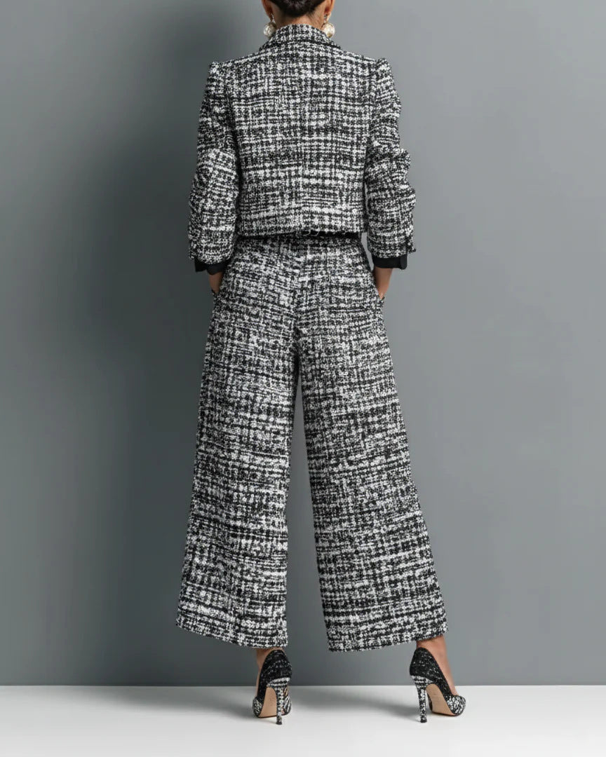 Women Tweed Lapel Long Sleeve Cropped Jacket & High Waist Wide Leg Pants 2 Piece Outfit Set
