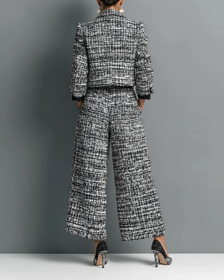 Women Tweed Lapel Long Sleeve Cropped Jacket & High Waist Wide Leg Pants 2 Piece Outfit Set