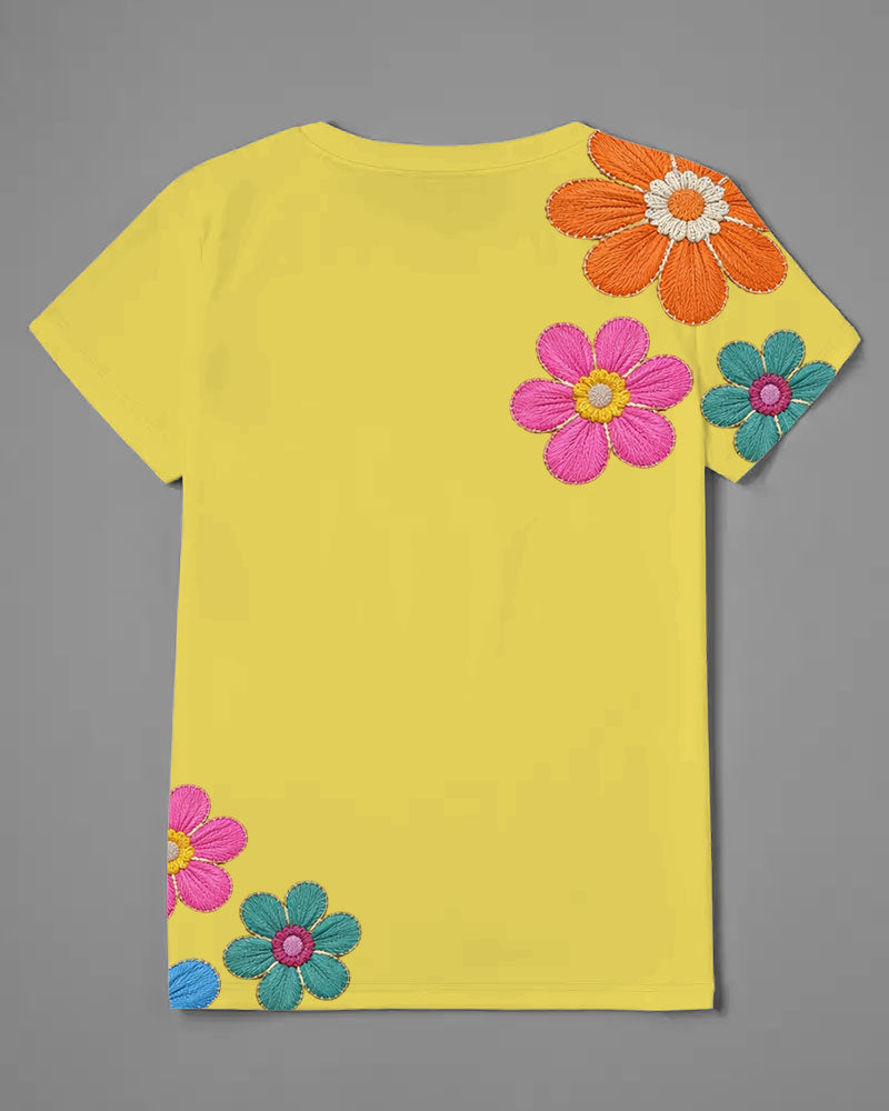 Black Woman Reading Flowers Print V Neck Short Sleeve Tshirt