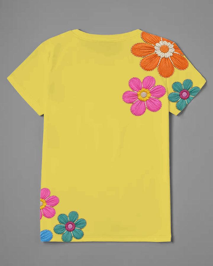 Black Woman Reading Flowers Print V Neck Short Sleeve Tshirt