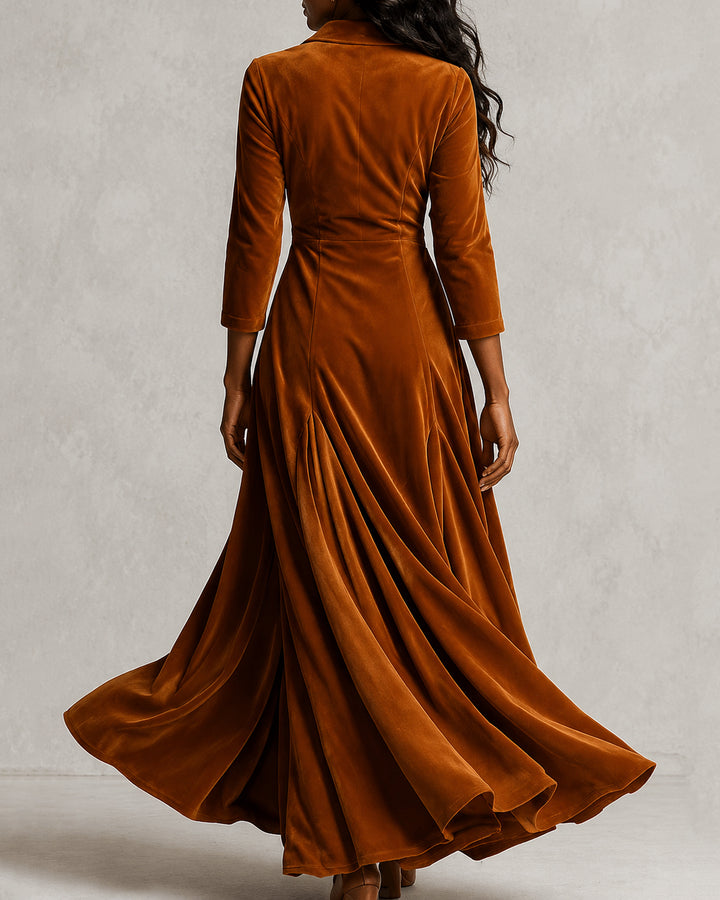 Velvet Lapel V‑Neck Retro Waist Button Maxi Dress
