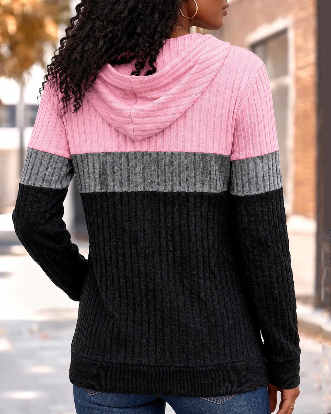 Women's Ribbed Knit Patchwork Long Sleeve Tunic Hoodie