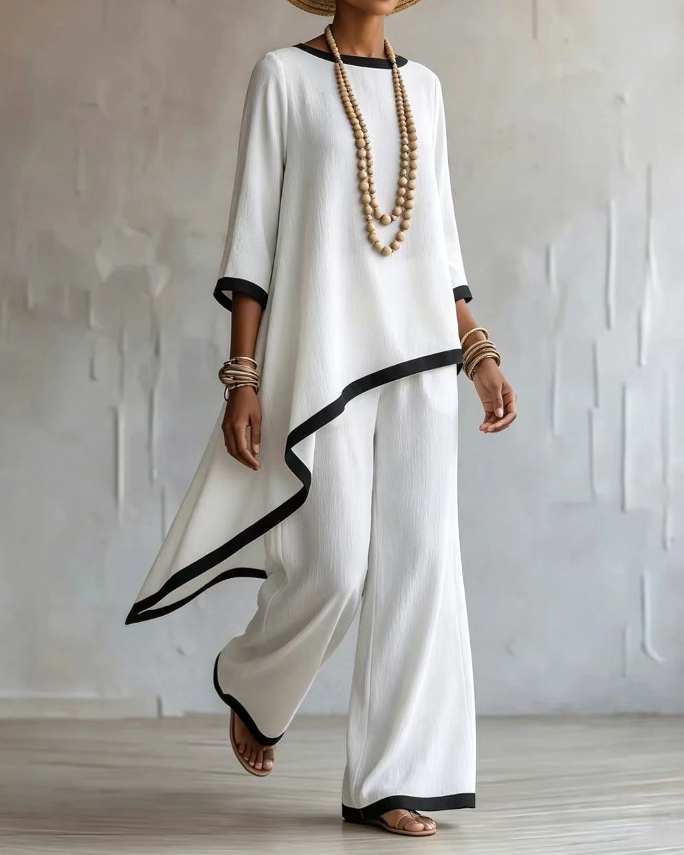 Loose Round-neck High-low Asymmetric Blouses&shirts Tops + Pockets Pants Trousers Two Pieces Set