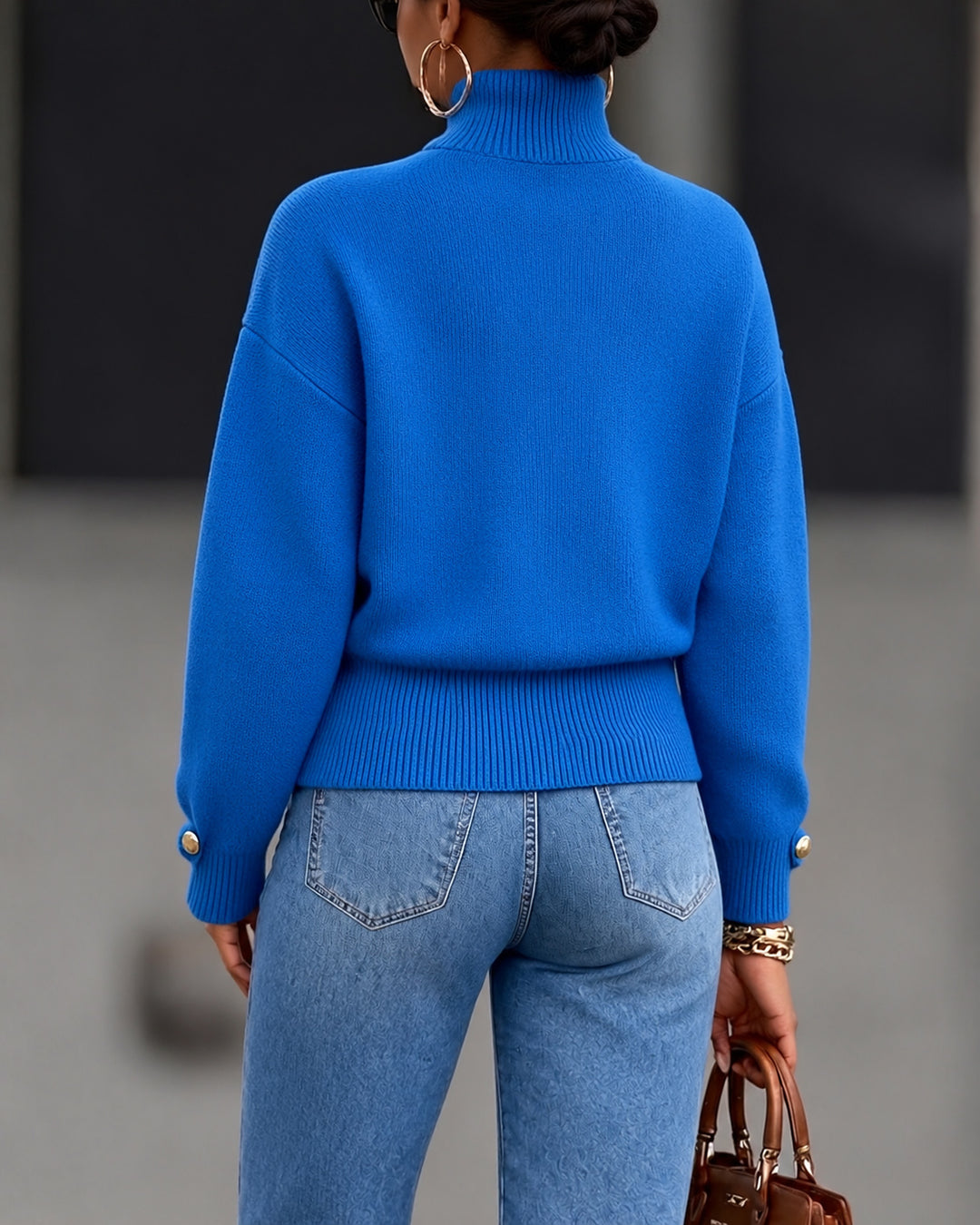 Women's Turtleneck Long Sleeve Asymmetrical Gold Button Knit Sweater