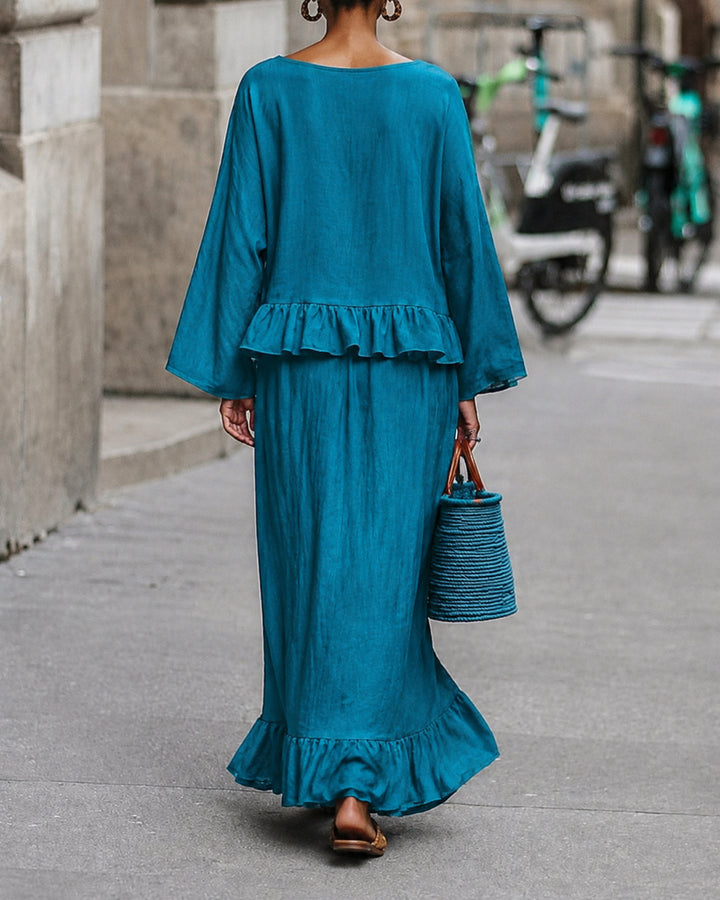 Linen‑Look Ruffle Two‑Piece Set, Boat Neck Bell Sleeve Top & Maxi Skirt
