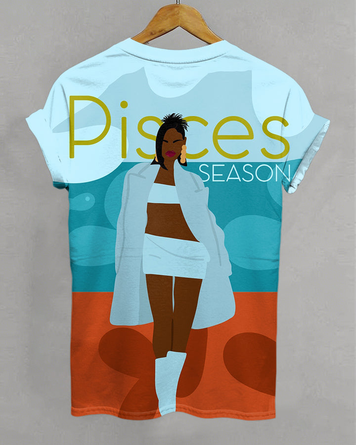 Pisces Cartoon Illustrations Print Crew Neck Short Sleeve Tshirt