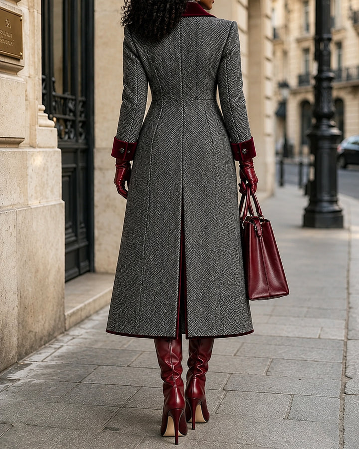 Women's Herringbone Wool Blend Lapel & Cuff Double Breasted Long Overcoat