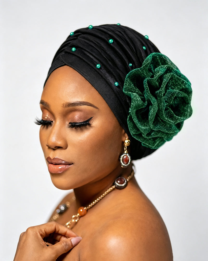 Glitter Beaded Large Flower Turban Head Wrap