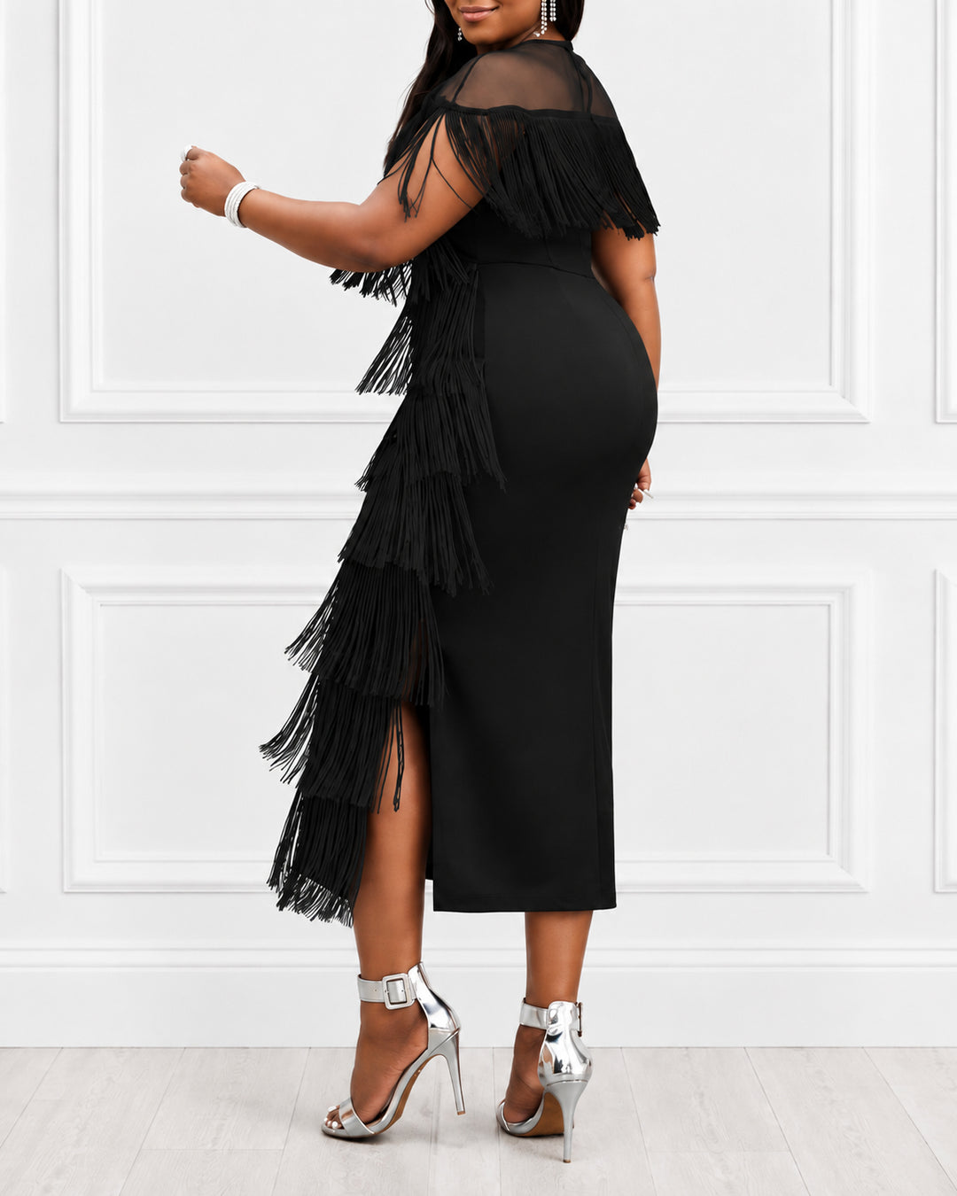 Plus Size Women Mesh Neck Tiered Fringe Midi Dress