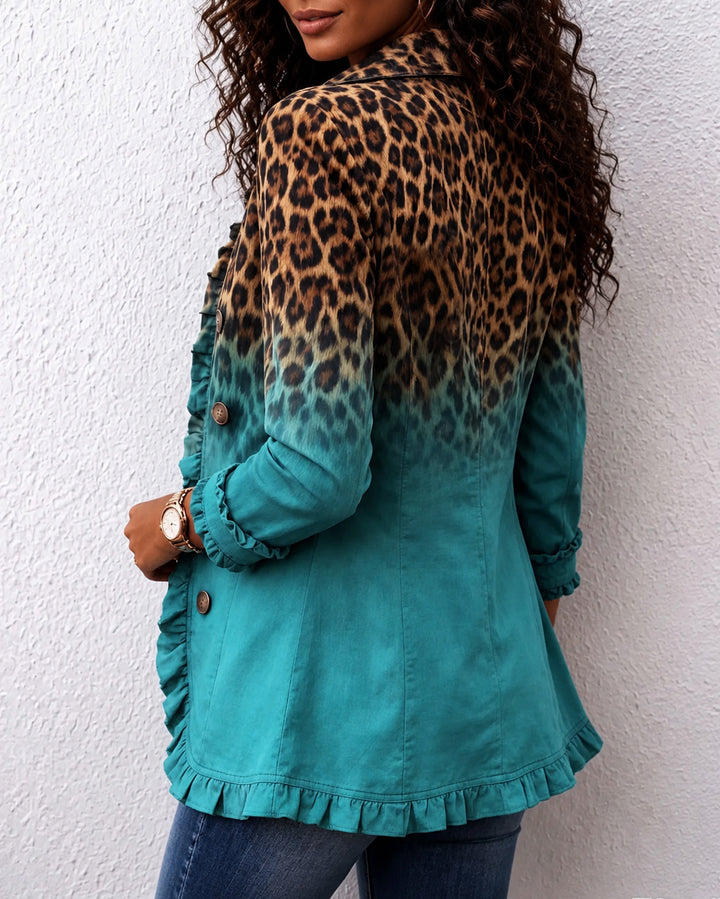 Boho Leopard & Teal Ruffle Blazer Jacket