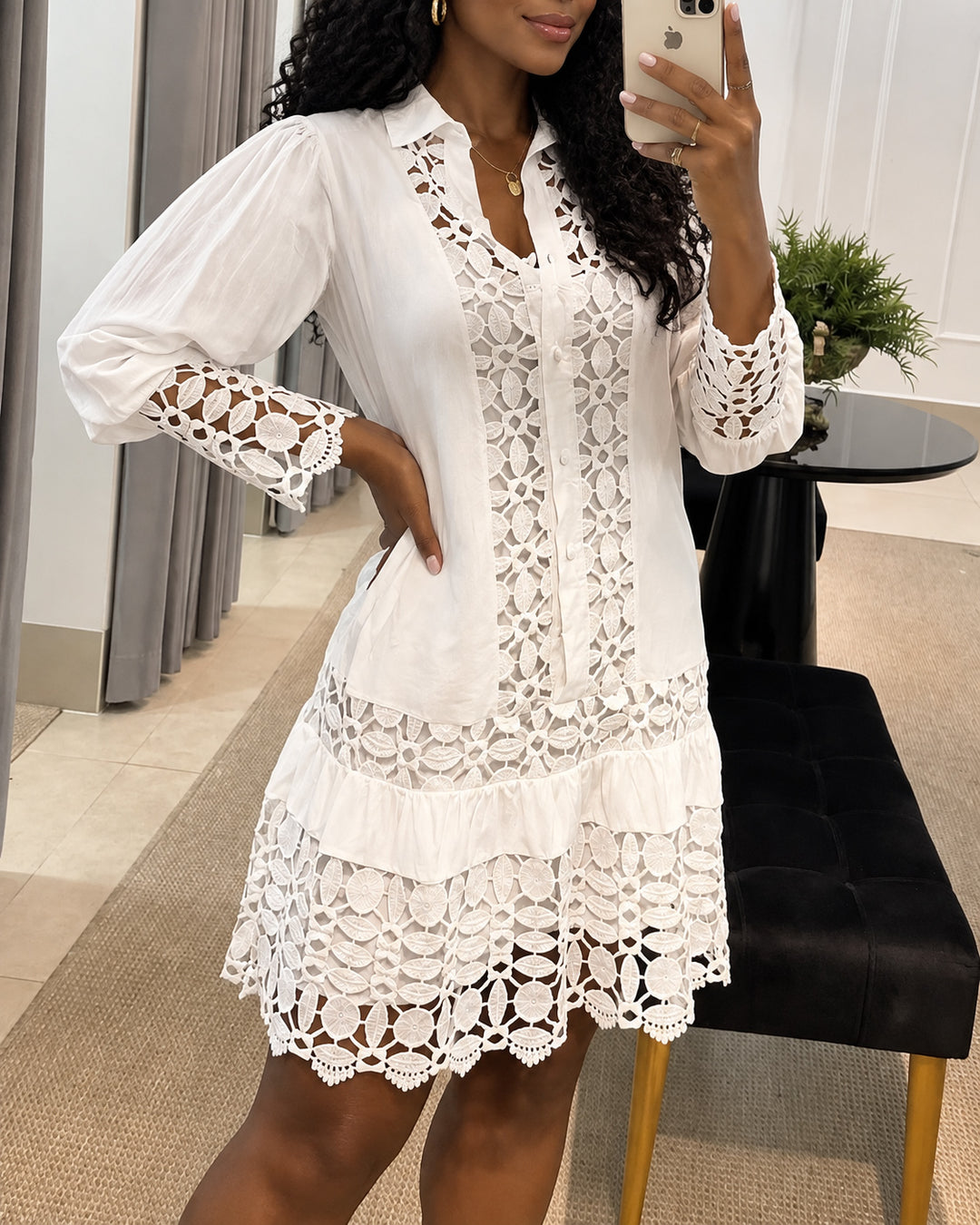 Women's Lace Patchwork Puff Long Sleeve Shirt Dress