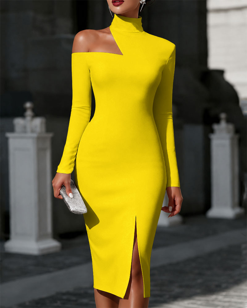 Off-the-shoulder High-neck Slim-fit Solid Color Dress Party Dress