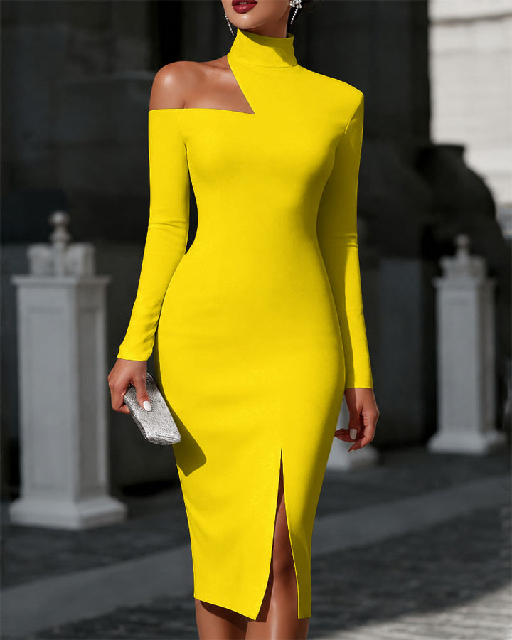Off-the-shoulder High-neck Slim-fit Solid Color Dress Party Dress