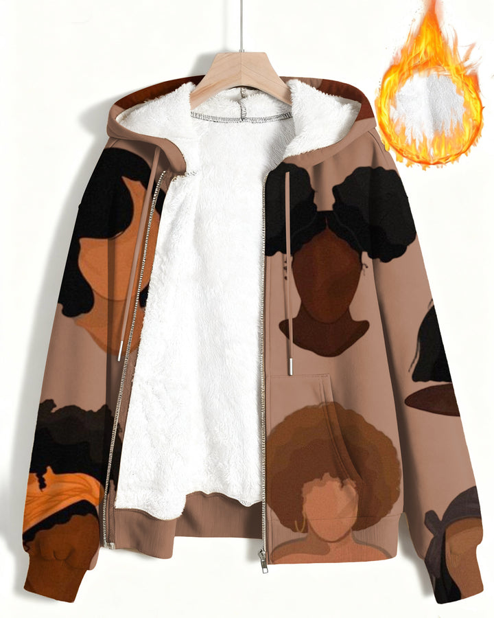 Afro Bun Black Woman Long Sleeve Zip-Up Fleece Hoodies