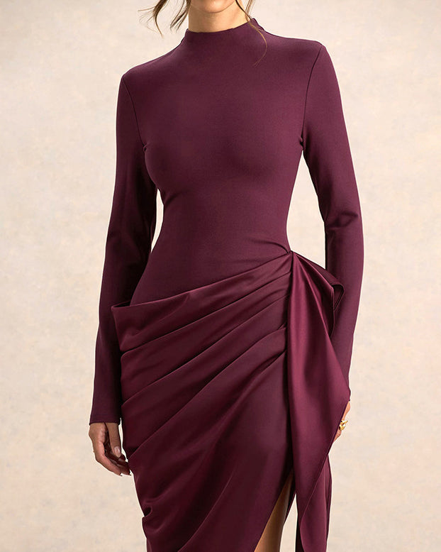 Women Mock Neck Long Sleeve Midi Dress Side Ruched Tie Split Hem Bodycon Party Dress