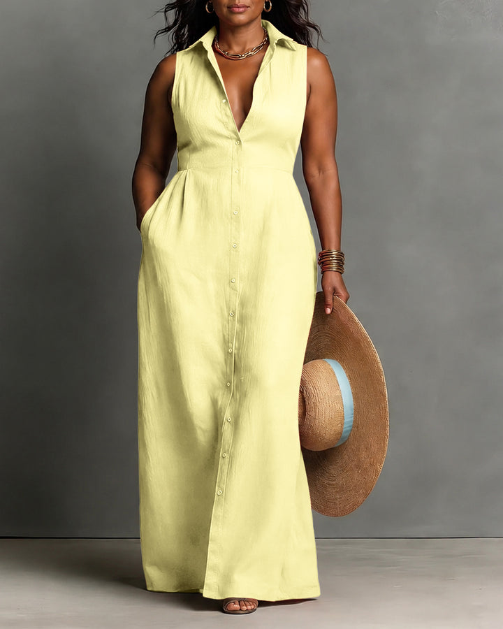 Collared Button-front Sleeveless Full Maxi Dress