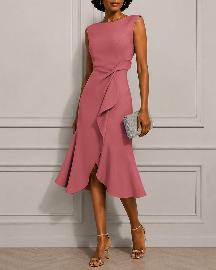 Round Neck Waist Knot Ruffle Hem Formal Dress