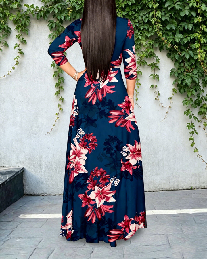 Elegant Summer Flowers Print V‑Neck Tie‑Strap Maxi Dress
