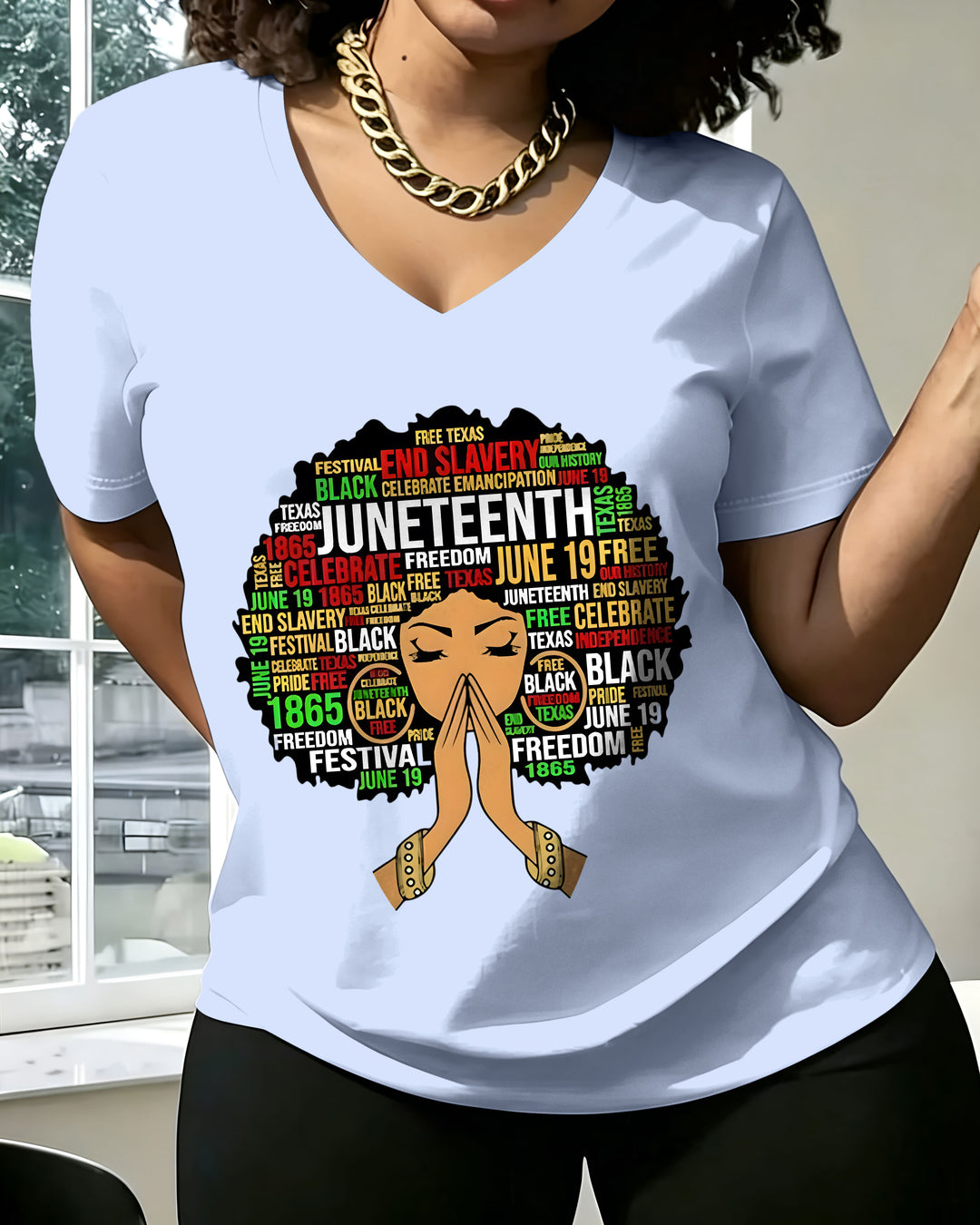 100% Cotton Juneteenth Cartoon Afro Girl V Neck Short Sleeve Tshirt