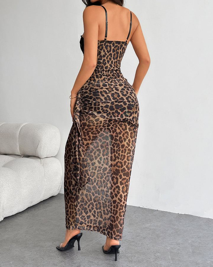 Leopard Print Lace Corset Spaghetti Strap Ruched Sheer Mesh Maxi Dress